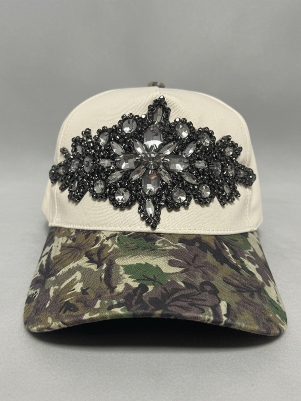Boutique Ivory & Camo Rhinestone Floral Embellished Baseball Cap
